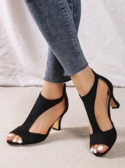 Black Suede Cutout Strap Peep Toe Mid Heel Sandals -Zolucky Sales Store d9f57272f60f2153c3f0620b7e01efa1