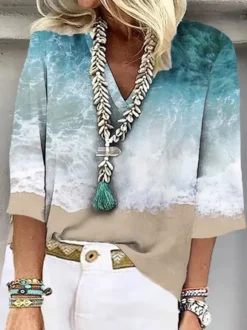 Plus Size Loose V Neck 3/4 Sleeve Vacation Shirt