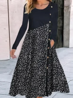 Buttoned Loose Floral Daily Casual Jersey Crew Neck A-Line Long Sleeve T-Shirt Dress
