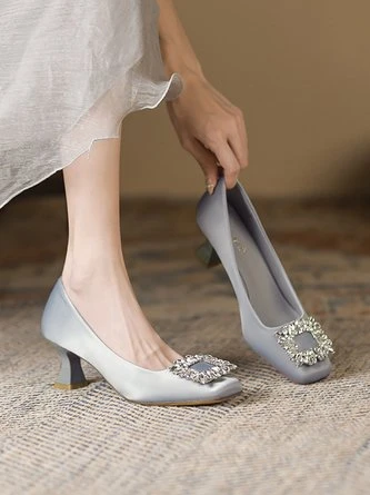Square Rhinestone Decor Satin Square Toe Spool Heel Pumps 11 Square Rhinestone Decor Satin Square Toe Spool Heel Pumps - Image 11