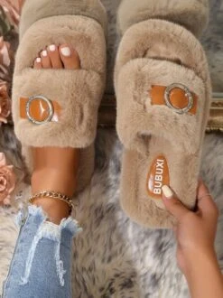 Casual Color Block Buckle Comfy Fluffy Slippers