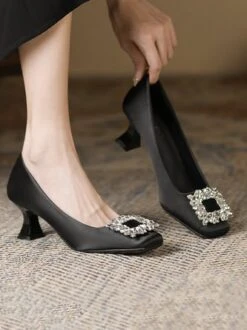 Square Rhinestone Decor Satin Square Toe Spool Heel Pumps 39 Square Rhinestone Decor Satin Square Toe Spool Heel Pumps -Zolucky Sales Store dc62ee8e5b8aa873d293494f267f2e51