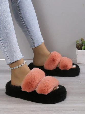 Casual Color Block Double Strap Fluffy Slippers 11 Casual Color Block Double Strap Fluffy Slippers - Image 11