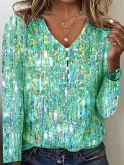 Buckle Diamond Print V Neck Casual Jersey Loose Long Sleeve T-Shirt -Zolucky Sales Store dcfe5689508700774a49c6d528cf367f