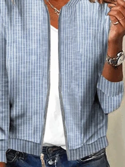 Casual Loose Net H-Line Striped Long Sleeve Jacket With Zip -Zolucky Sales Store dd6dc5c016e66109d97d1b7888b00fcf