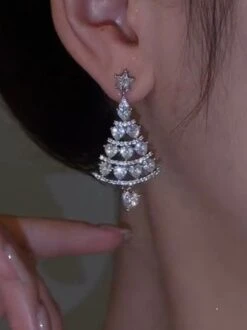 Banquet Party Silver Diamond Heart Earrings Christmas Tree Pattern Jewelry Xmas Earrings -Zolucky Sales Store dd8d7070d80f0bef6aa040b1864bb7d9