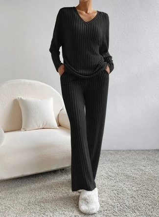 Plain V Neck Long Sleeve Top With Pants Loose Casual Two-Piece Set 16 Plain V Neck Long Sleeve Top With Pants Loose Casual Two-Piece Set - Image 16