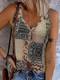 Ethnic Sleeveless Buttoned V Neck Casual Tanks