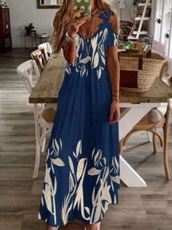 Regular Fit Floral V Neck Long Sleeve Knit Dress -Zolucky Sales Store deb9e64e8240393437ad04c037c58f38