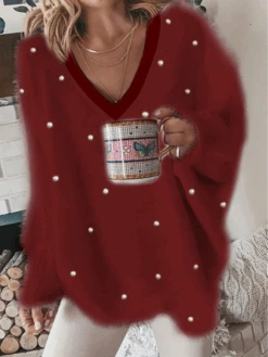 Fuzzy V Neck Pearl Beading Casual Knitted Winter Heavyweight Plain Long Sleeve Sweater -Zolucky Sales Store df86d003a062d23ea38db4031396b136