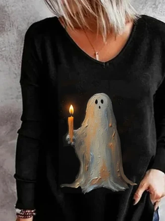 Plus Size Casual Halloween Little Ghost Loose V Neck Long Sleeve T-Shirt 2 Plus Size Casual Halloween Little Ghost Loose V Neck Long Sleeve T-Shirt - Image 2