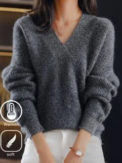 Yarn/Wool Winter Warmth Casual Plain High-Elastic V Neck Fleece Loose Long Sleeve Sweater