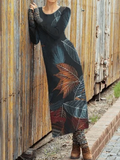 Leaves Printed Knitting Dress