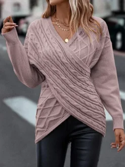 Daily Plain Casual Cross V Neck Tunic Winter Knitted Loose Long Sleeve Sweater -Zolucky Sales Store e27846cf021a23b62361ee7e9f049ef9