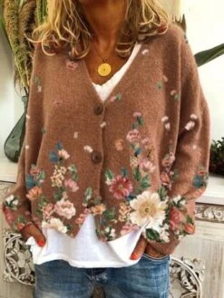 Casual Floral Shift V Neck Sweater Coat