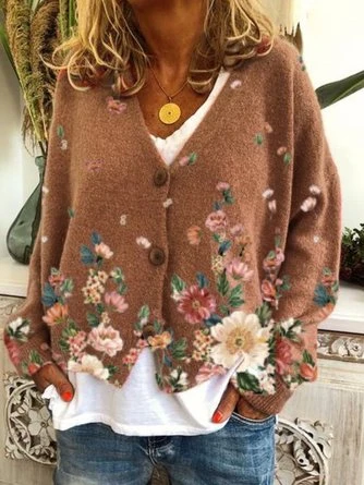 Casual Floral Shift V Neck Sweater Coat 1 Casual Floral Shift V Neck Sweater Coat
