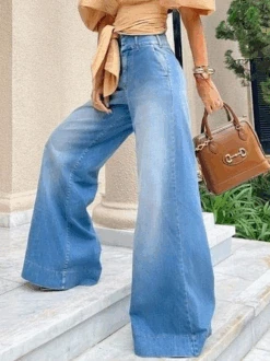 Loose High Waist Plain Urban Wide Leg Long Jeans