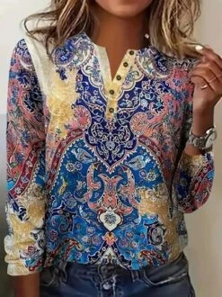 Plus Size Ethnic Buckle Jersey Casual T-Shirt