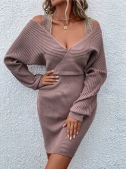 Casual Lace Long Sleeve V Neck Dress -Zolucky Sales Store e3817d43db0780b5dbb766fad642621c