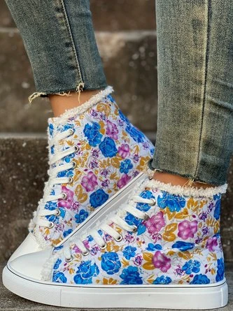Casual Blue Floral Faux Fur Lined High Top Canvas Shoes 7 Casual Blue Floral Faux Fur Lined High Top Canvas Shoes - Image 7
