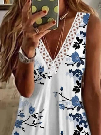 Casual Floral Sleeveless V Neck Printed Tank Top Vests 2 Casual Floral Sleeveless V Neck Printed Tank Top Vests - Image 2