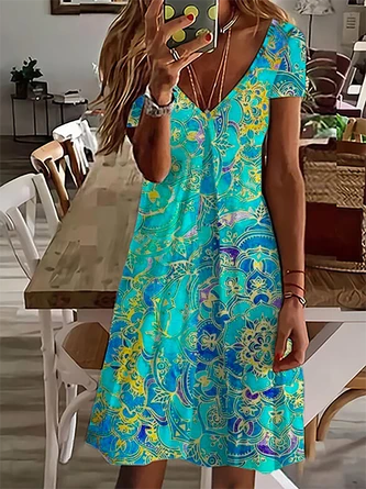 V Neck Casual Short Sleeve Printed Dress 1 V Neck Casual Short Sleeve Printed Dress