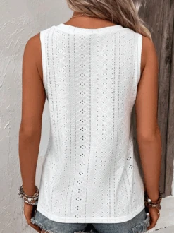 Loose V Neck Casual Buttoned Eyelet Embroidery Front Tank Top -Zolucky Sales Store e9130ebe022c3f469c2afeaa3a7f02e4