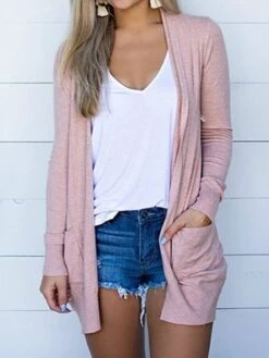 Jersey Loose Pocket Stitching Plain H-Line Casual Long Sleeve Kimono