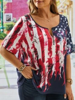 Plus Size Notched Casual America Flag Jersey Independence Day T-Shirt