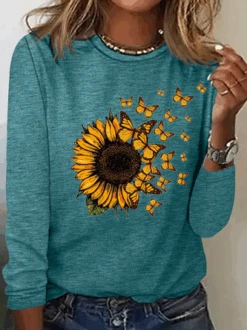 Women’s Butterfly Sunflower Print Casual Cotton-Blend Long Sleeve Shirt -Zolucky Sales Store eaa26175d6bf30a8e1efb17e68b0129a