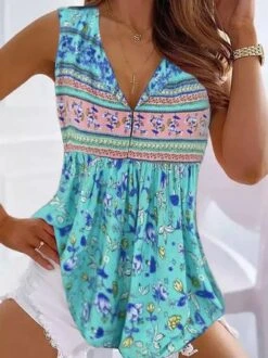 Floral Printed Loose Vacation V Neck Tank Top -Zolucky Sales Store eafb1d23cca449ea5d485d9abb58321f