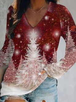 Casual Christmas Trees Long Sleeve V Neck Printed Top T-shirt TUNIC Xmas T-shirt -Zolucky Sales Store eb36172039f139e0acccda0418e514a6