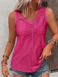 Loose V Neck Casual Buttoned Eyelet Embroidery Front Tank Top -Zolucky Sales Store ec6dd0408822d5b573c46fb0d19db539