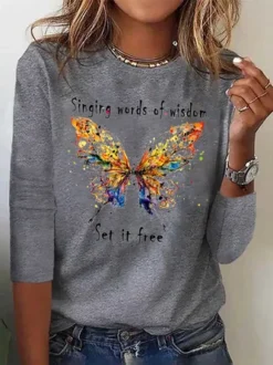 Plus Size Butterfly Long Sleeve Loose Casual T-Shirt