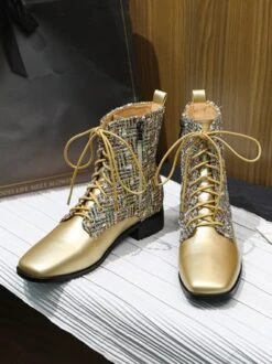 Women Tweed Plaid Fashion Square Toe Boots -Zolucky Sales Store eca30a3e3eb597454207427a1778adc7