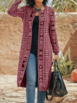 Geometric Vintage Autumn Polyester Micro-Elasticity Loose Best Sell Long Sleeve H-Line Overcoat For Women -Zolucky Sales Store ecac23e73fe54c85124f06e9b4c4b126