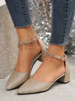 Elegant Rhinestone Decor Ankle Strap Glitter Block Heel Hollow Shoes