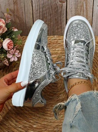 Women Fashion Glitter Paneled Lace-Up Skate Shoes 1 Women Fashion Glitter Paneled Lace-Up Skate Shoes