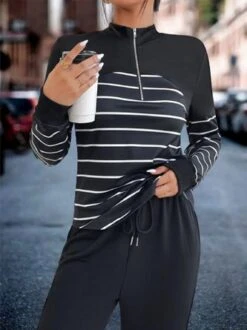 Striped Zipper Long Sleeve Casual Two-Piece Set -Zolucky Sales Store ed22197f2d697ba3da15d0812217cdc4