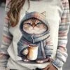 Plus Size Cat Print Casual Loose Crew Neck H-Line Striped Long Sleeve Sweatshirt