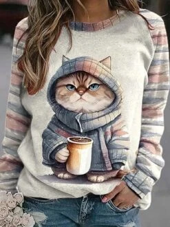 Plus Size Cat Print Casual Loose Crew Neck H-Line Striped Long Sleeve Sweatshirt