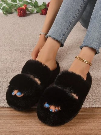 Casual Color Block Double Strap Fluffy Slippers 16 Casual Color Block Double Strap Fluffy Slippers - Image 16