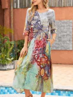 Women Casual 3/4 Sleeve Round Neck Floral Print Maxi Dress -Zolucky Sales Store eec7c1fb0d29d4474a655e4dbd97e438