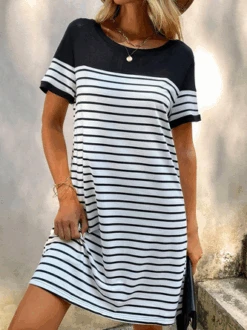 Loose Casual Crew Neck Striped T-Shirt Dress -Zolucky Sales Store f02cd072456eaf18ed91bce57a9d13bc