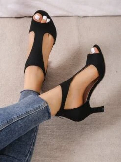 Black Suede Cutout Strap Peep Toe Mid Heel Sandals -Zolucky Sales Store f0a646ea3b5dee28c5f85c4d33661769