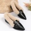 Women Metal Decor Commuting Furry Synthetic Leather Loafers