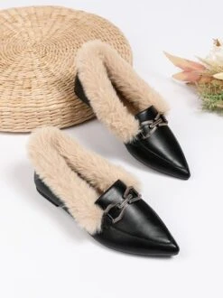 Women Metal Decor Commuting Furry Synthetic Leather Loafers