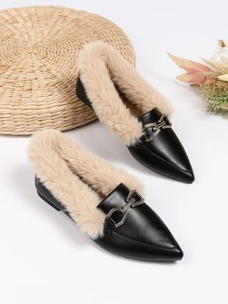 Women Metal Decor Commuting Furry Synthetic Leather Loafers 1 Women Metal Decor Commuting Furry Synthetic Leather Loafers