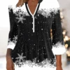 Plus Size Christmas Buttoned Notched Neck Holiday Jersey Casual Loose 3/4 Sleeve Shirt
