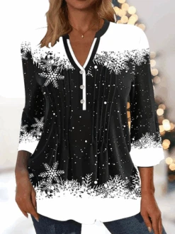 Plus Size Christmas Buttoned Notched Neck Holiday Jersey Casual Loose 3/4 Sleeve Shirt